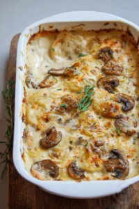 Creamy mushroom scalloped potatoes baked to perfection with layers of flavor