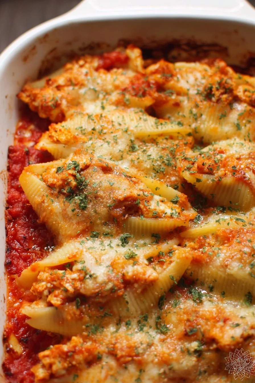 Creamy shrimp-stuffed jumbo pasta shells garnished with herbs and served in a dish.