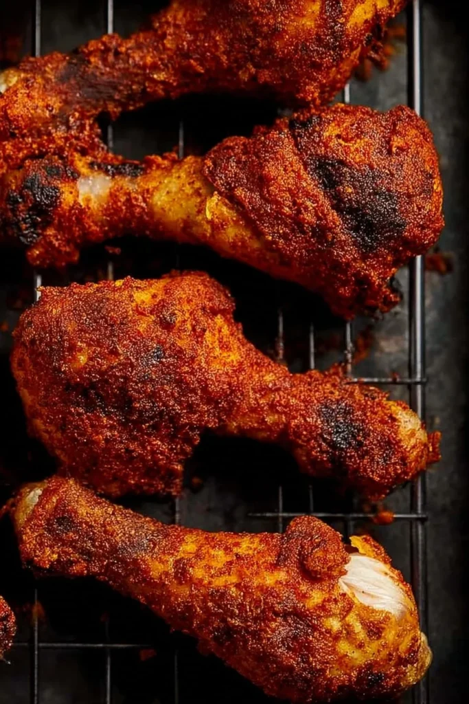 Crispy baked chicken drumsticks seasoned and ready to serve on a platter.