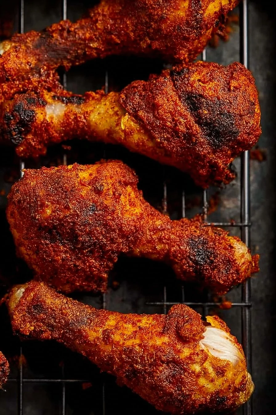 Crispy baked chicken drumsticks seasoned and ready to serve on a platter.