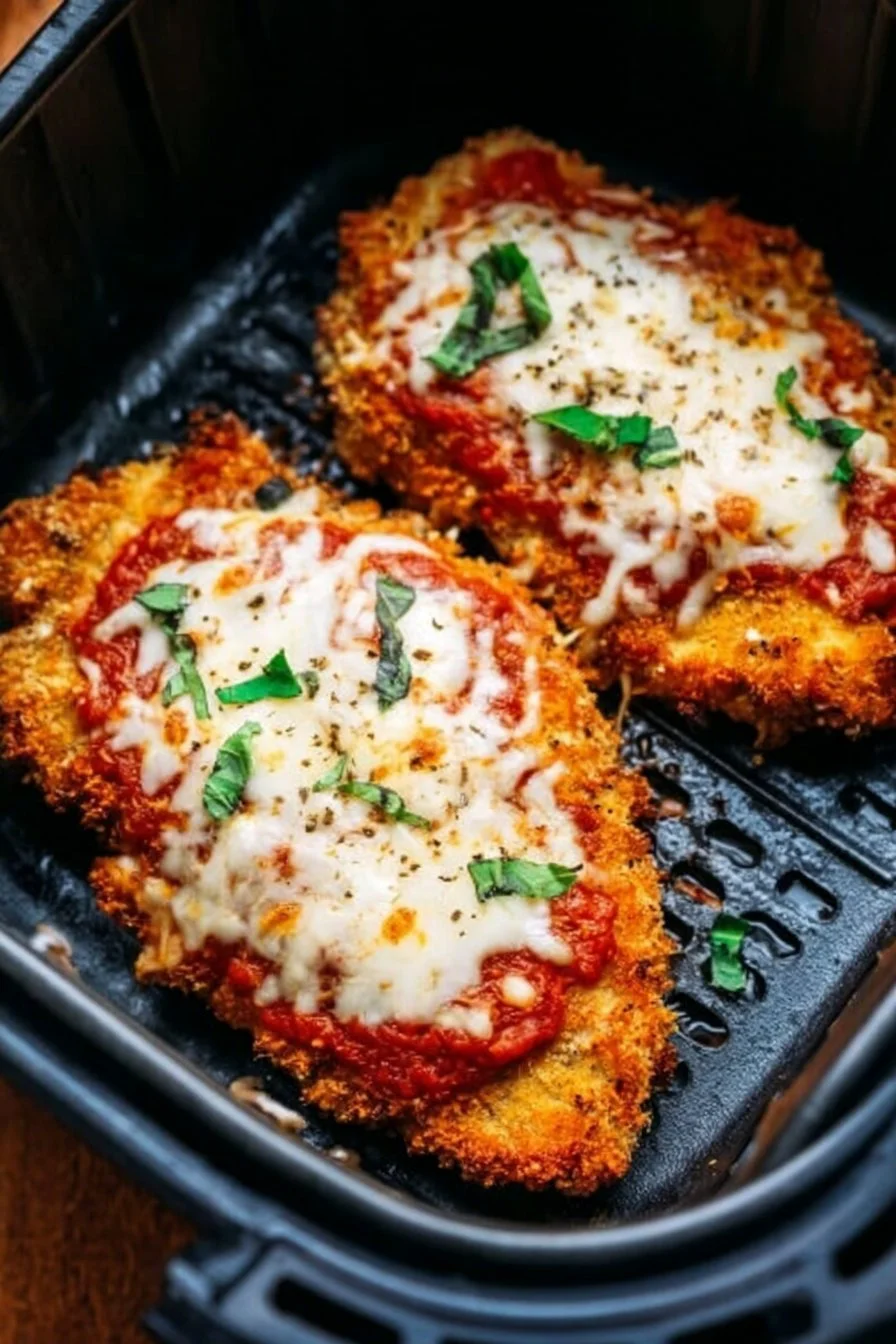 Crispy Healthy Chicken Parmesan air fryer recipe plated with sauce and herbs