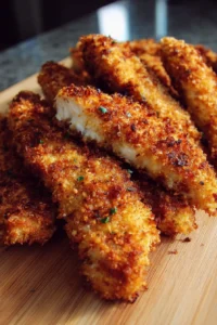 Plate of crispy Parmesan chicken tenders served with dipping sauce