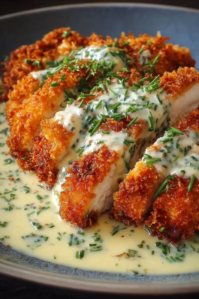 Crispy parmesan chicken served with creamy garlic sauce on a plate