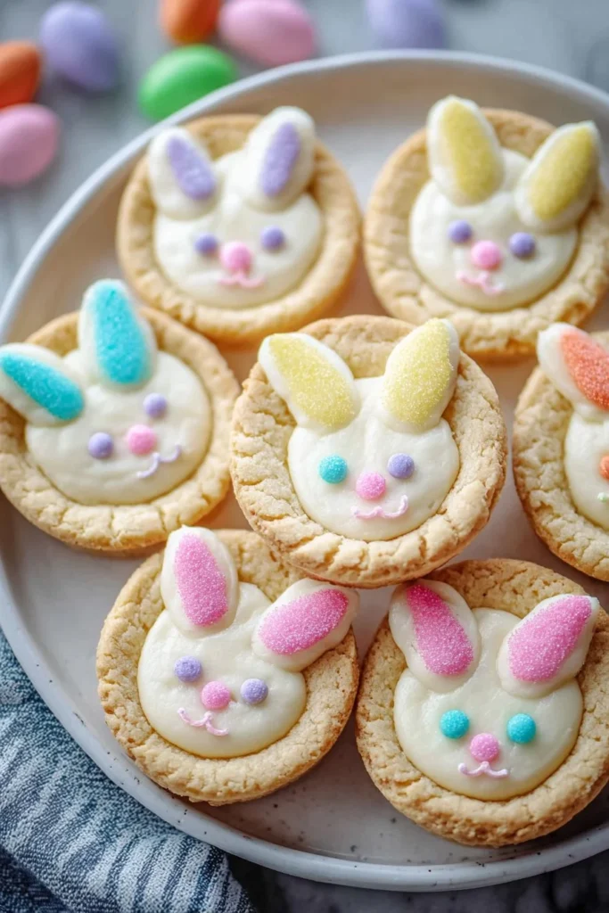 Easter Bunny sugar cookie cups decorated with colorful icing and sprinkles.