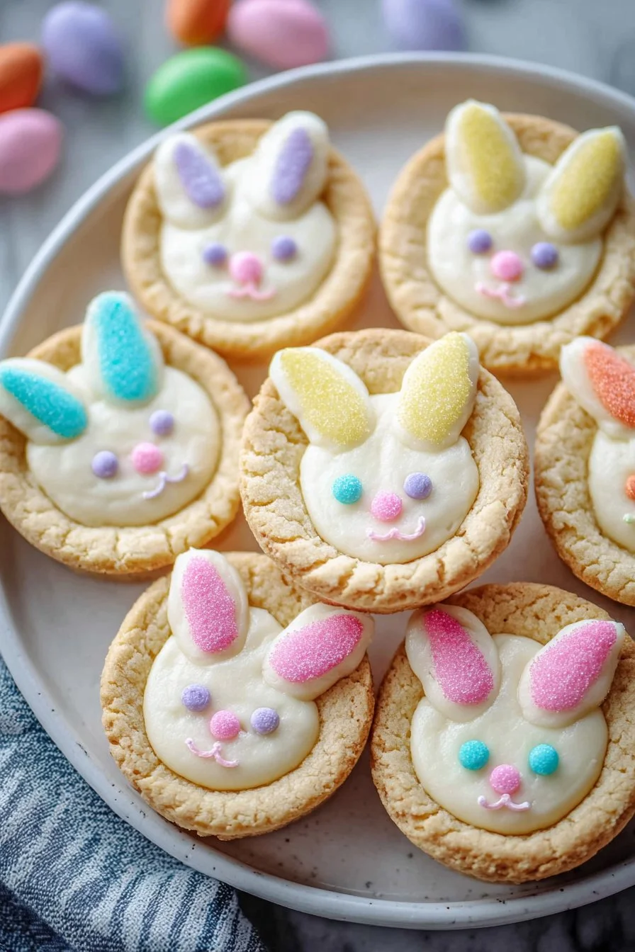 Easter Bunny sugar cookie cups decorated with colorful icing and sprinkles.