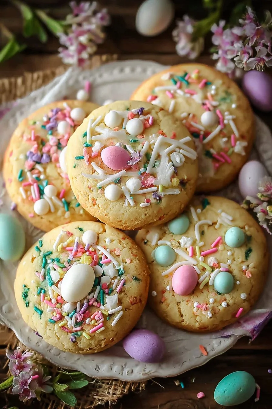 Beautifully decorated Easter cookies in pastel colors and festive shapes.