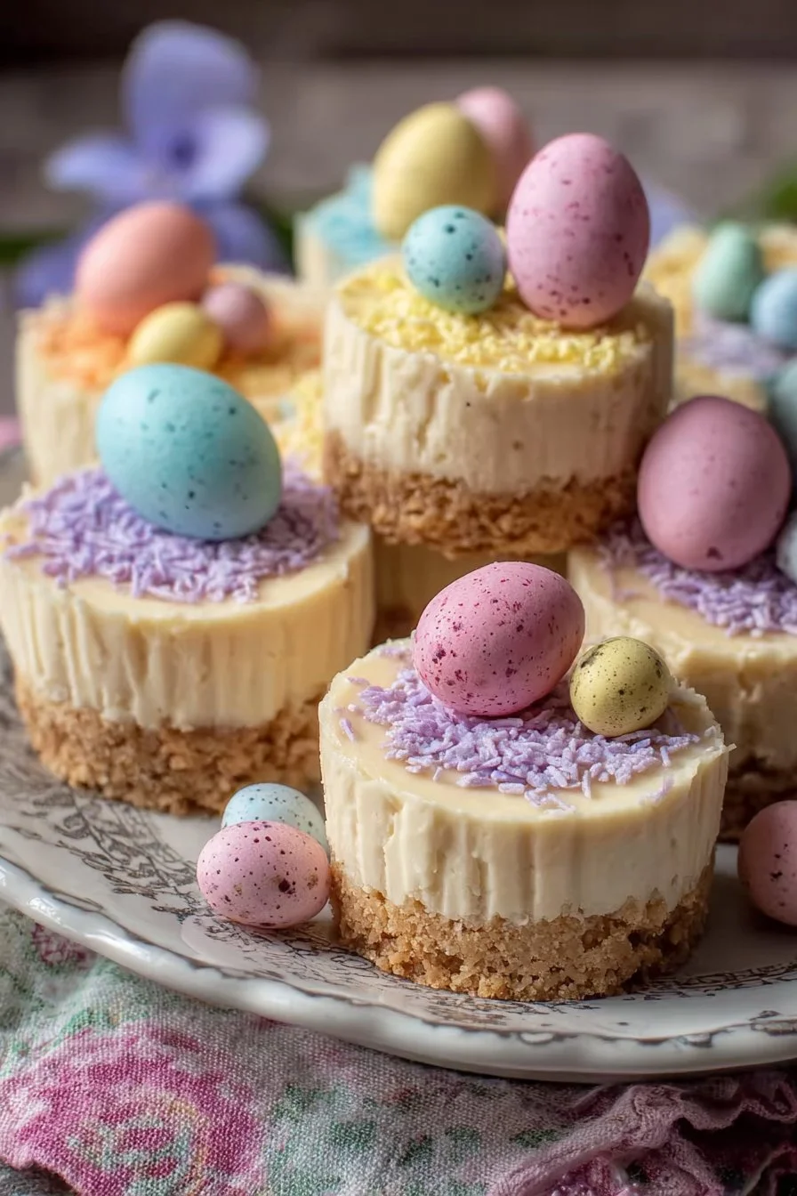 Easter no-bake mini cheesecakes beautifully decorated for a festive dessert table