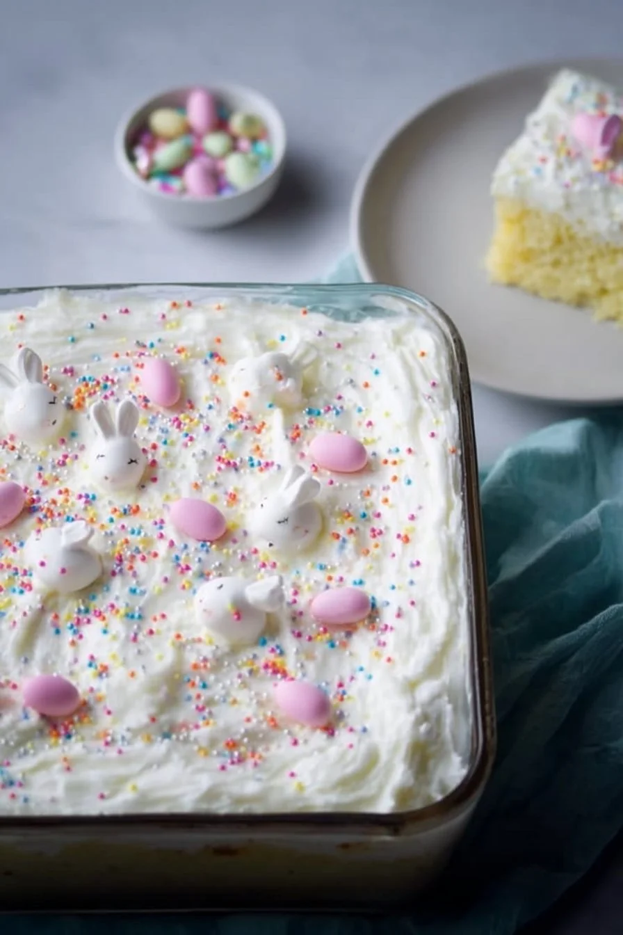 Colorful Easter Poke Cake topped with whipped cream and sprinkles