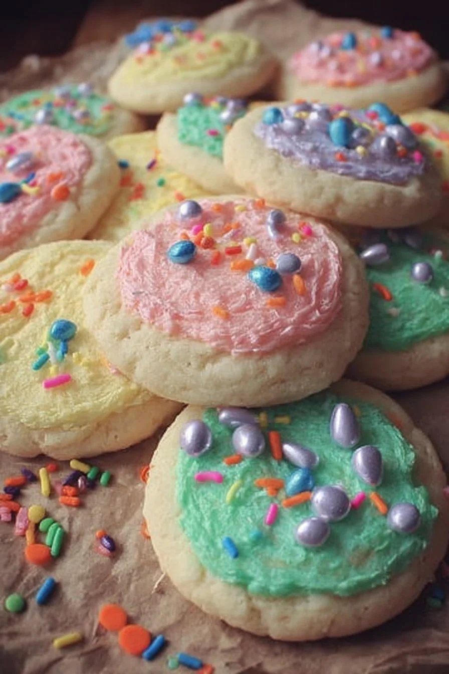 Decorated Easter sugar cookies with pastel icing and festive designs