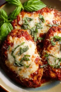 Delicious easy baked chicken parmesan with marinara sauce and melted cheese