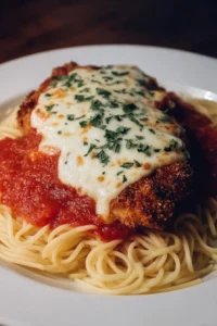 Easy Chicken Parmesan dish with crispy breading and melted cheese