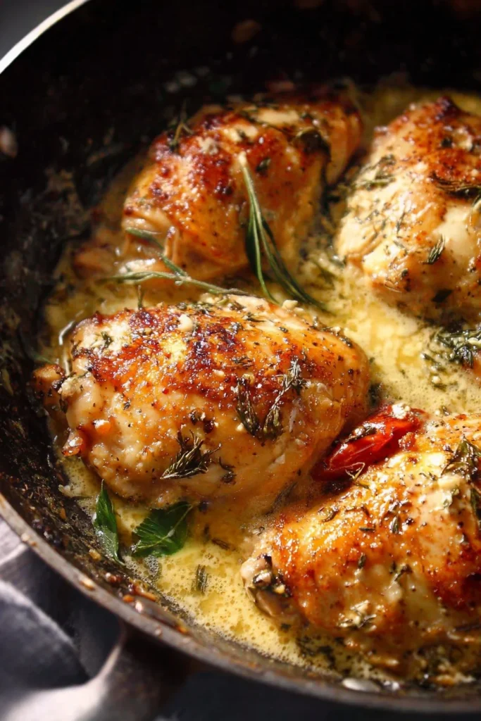 Delicious easy Marry Me Chicken served on a plate with fresh herbs.