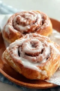 Homemade cinnamon rolls fresh out of the oven topped with icing.