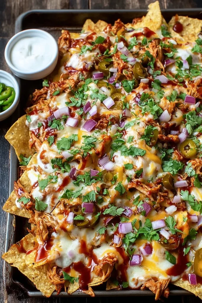 Easy sheet pan BBQ chicken nachos topped with cheese and jalapenos