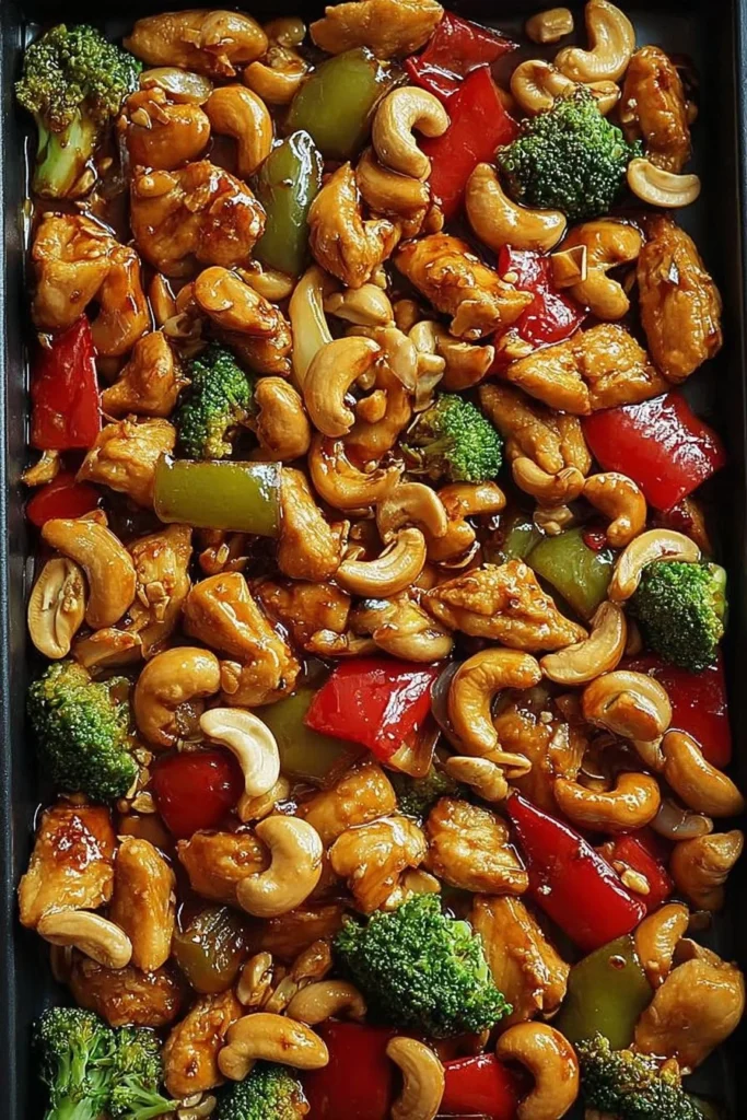 Delicious sheet pan cashew chicken with vegetables ready to serve
