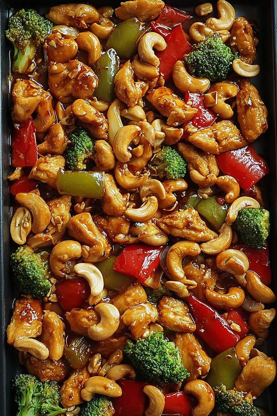 Delicious sheet pan cashew chicken with vegetables ready to serve