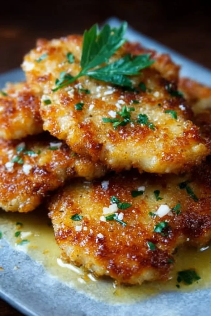 Plate of Easy Zesty Lemon Pecorino Crispy Chicken garnished with herbs