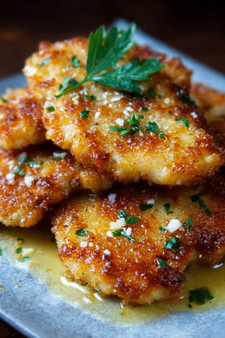 Plate of Easy Zesty Lemon Pecorino Crispy Chicken garnished with herbs