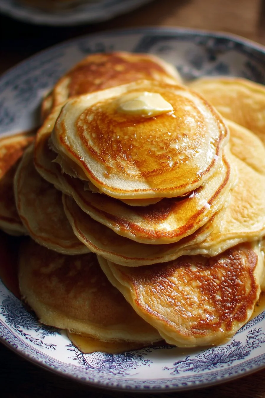 Fluffy golden pancakes stacked on a plate with syrup and butter.