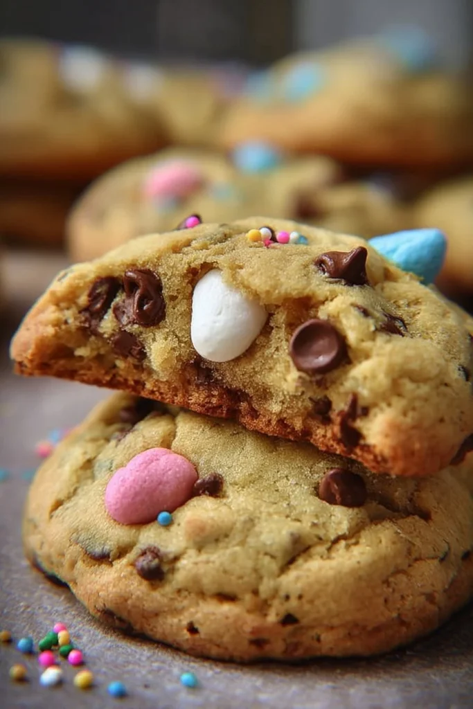 Giant Chocolate Chip Peep Stuffed Easter Cookies displayed on a festive table.