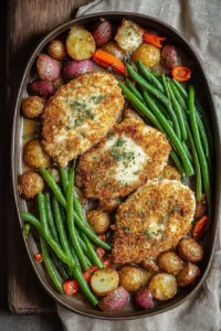 Healthy chicken parmesan served with colorful roasted vegetables