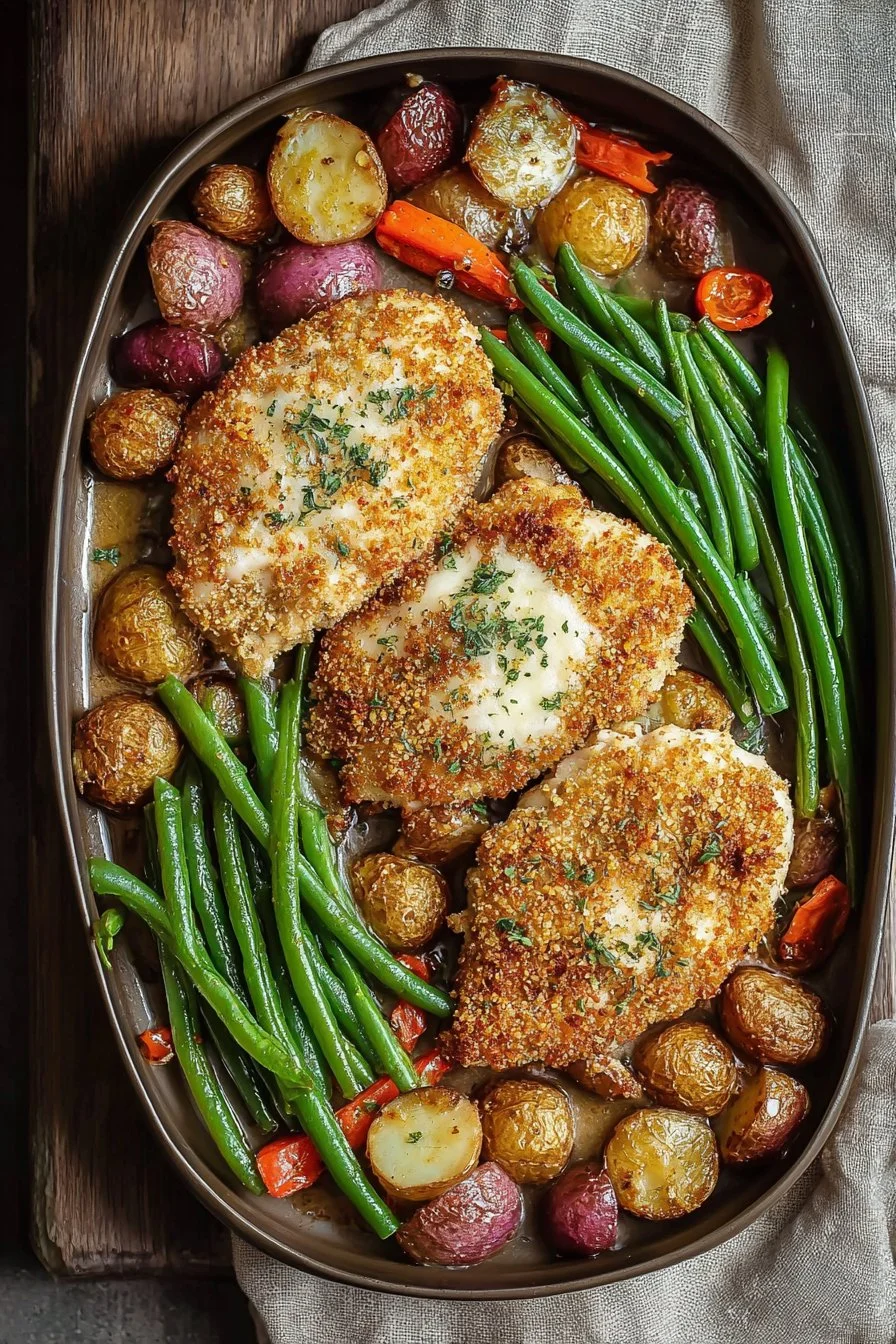 Healthy chicken parmesan served with colorful roasted vegetables