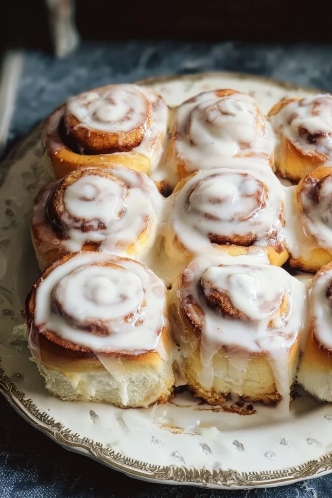 Delicious homemade cinnamon rolls with cream cheese glaze on a plate
