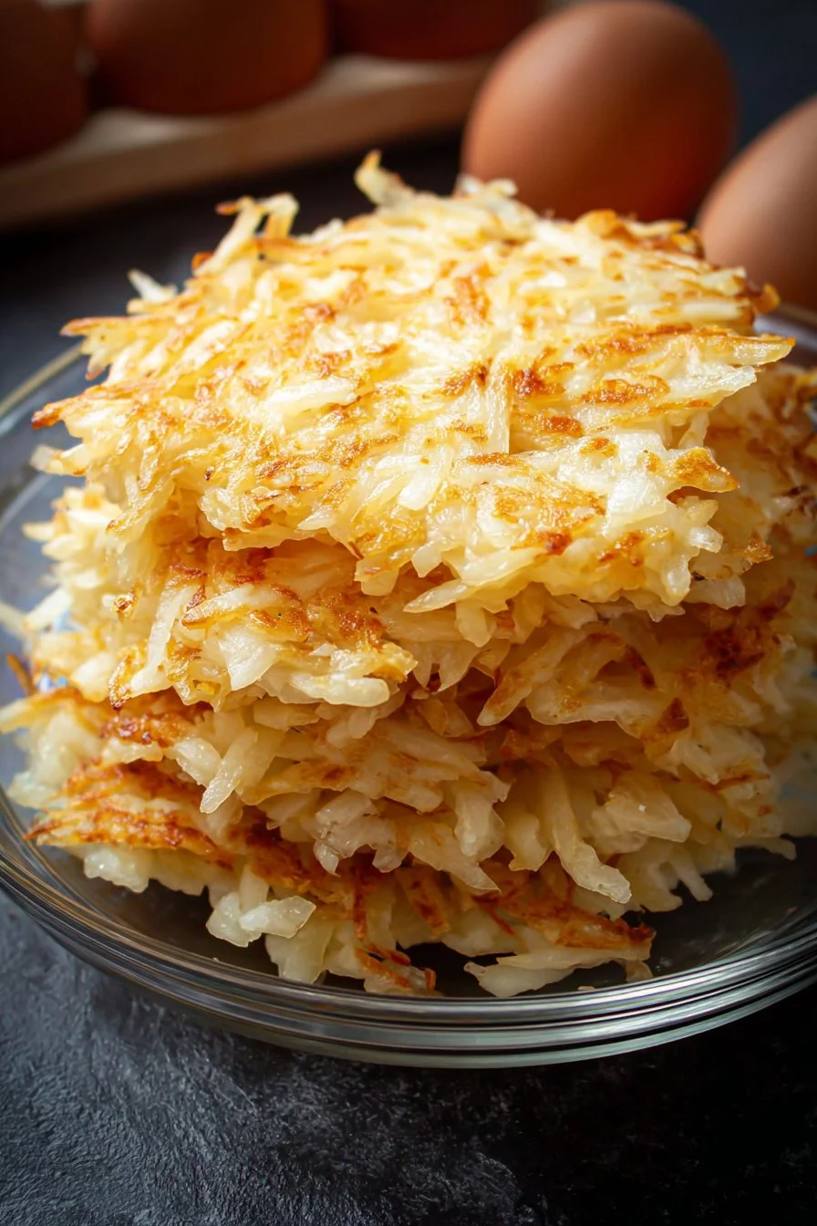 Homemade crispy hash browns served on a plate for breakfast.