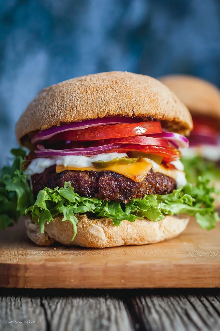 Juicy venison burgers grilled to perfection with toppings