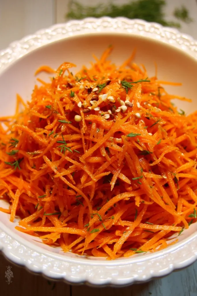 A colorful bowl of Korean Carrot Salad with fresh carrots and spices.