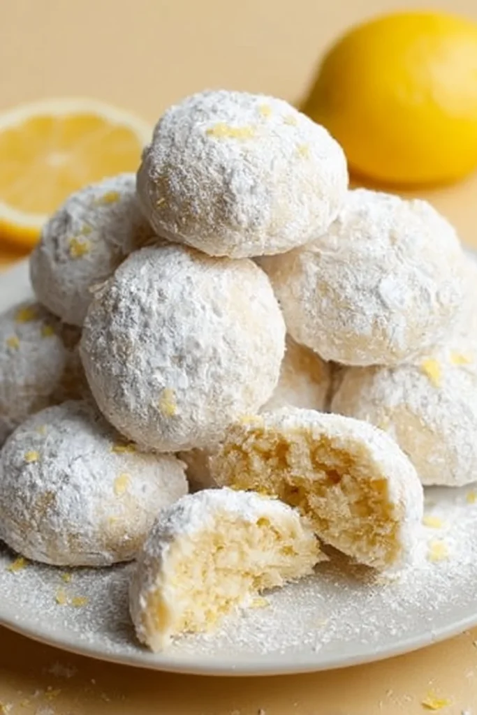 Delicious Lemon Snowball Cookies dusted with powdered sugar on a plate.