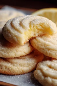 Freshly baked lemon sugar cookies on a baking tray.