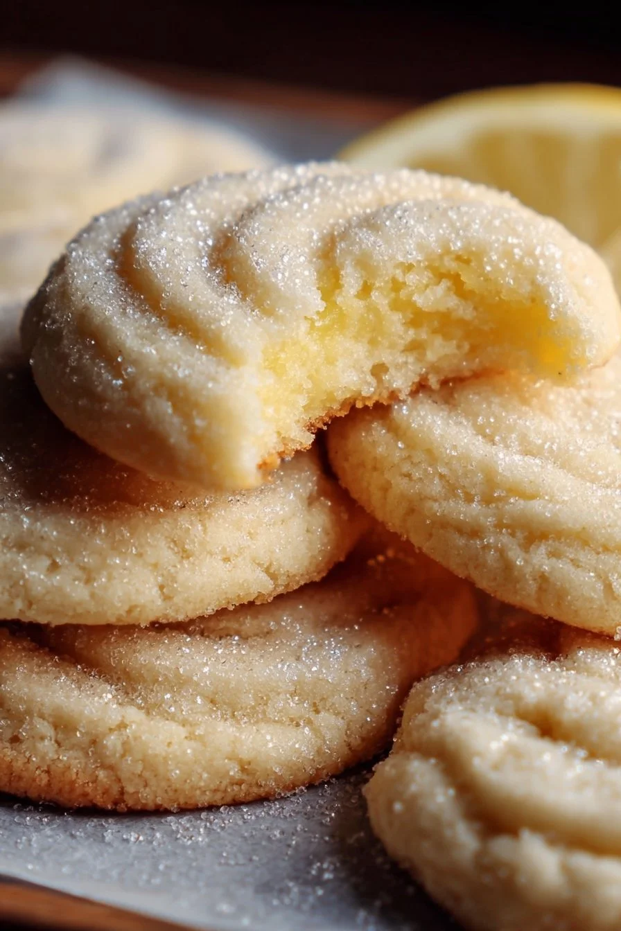 Freshly baked lemon sugar cookies on a baking tray.