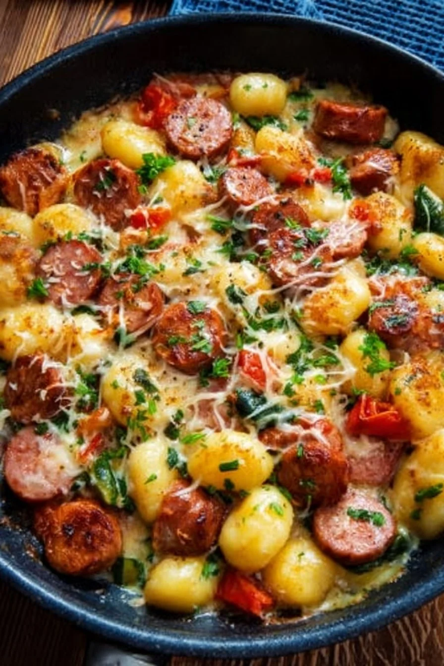 A delicious kielbasa gnocchi skillet served in a pan, ready to eat.