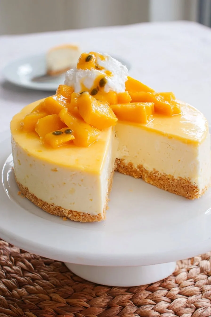 Delicious no-bake mango cheesecake served on a plate with mango slices.