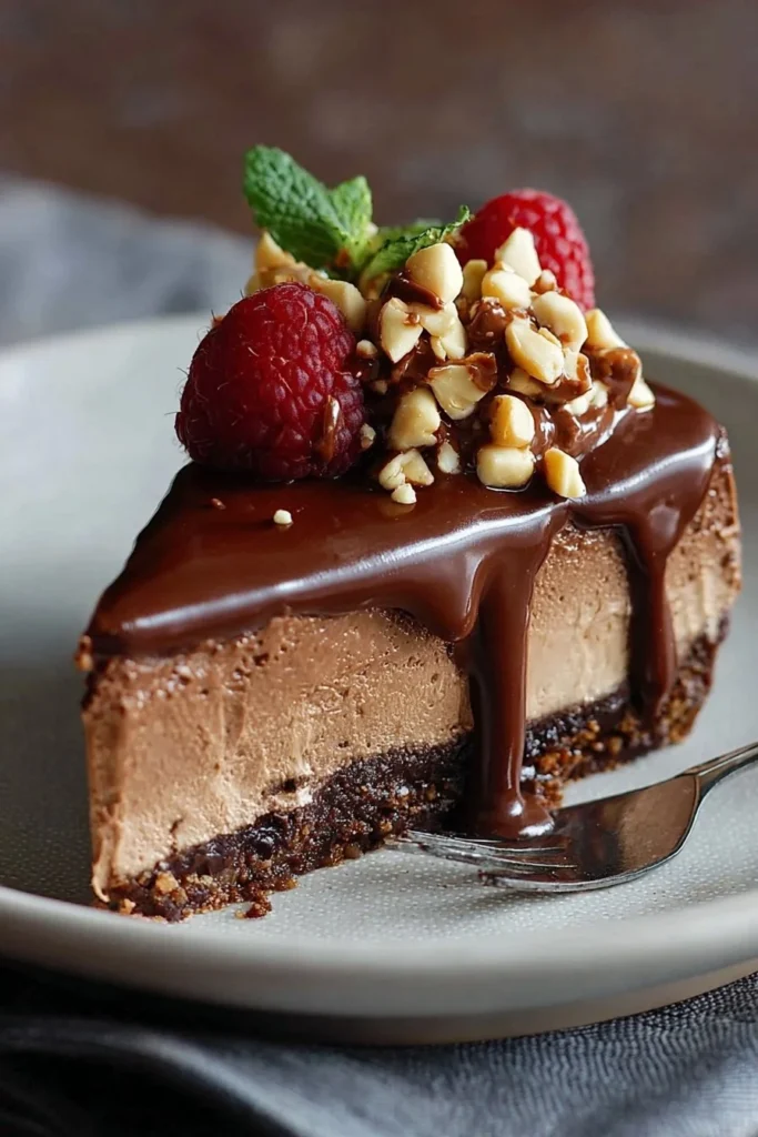 Delicious no-bake Nutella cheesecake topped with chocolate drizzle