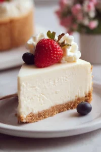 No-bake strawberry cheesecake topped with fresh strawberries and whipped cream