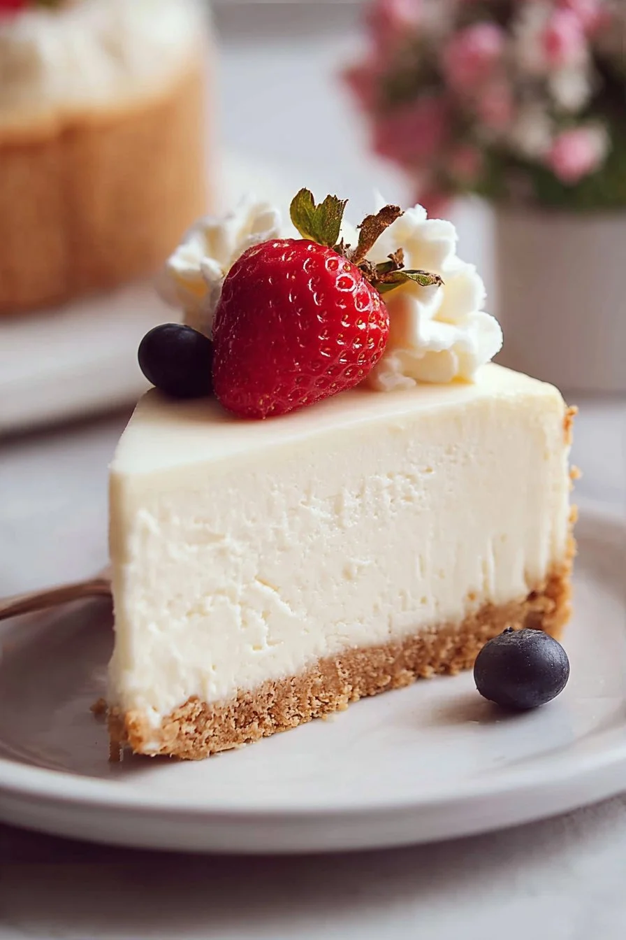 No-bake strawberry cheesecake topped with fresh strawberries and whipped cream