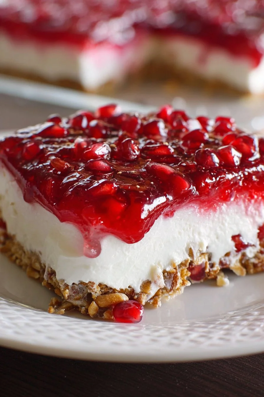 Delicious Pomegranate Pretzel Salad with colorful toppings served in a bowl
