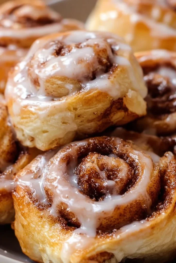 Delicious puff pastry cinnamon rolls with icing on a wooden table