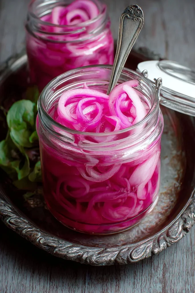 Quick pickled red onions in a jar, a vibrant and flavorful condiment