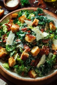 Roasted Garlic & Kale Caesar Salad topped with Parmesan cheese and croutons