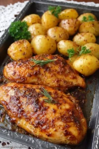 Sheet pan meal featuring juicy chicken and roasted potatoes.