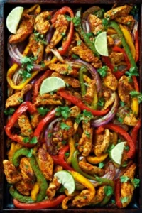 Sheet Pan Chicken Fajitas with peppers and onions ready to serve