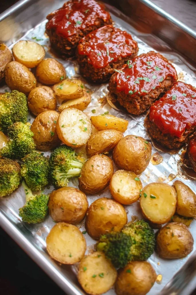Sheet pan mini meatloaf served with roasted potatoes for a quick meal