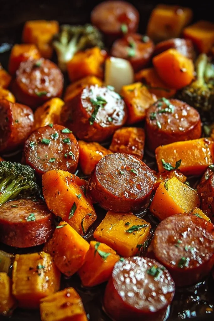 Sheet pan sausage and sweet potatoes with honey garlic sauce ready to serve