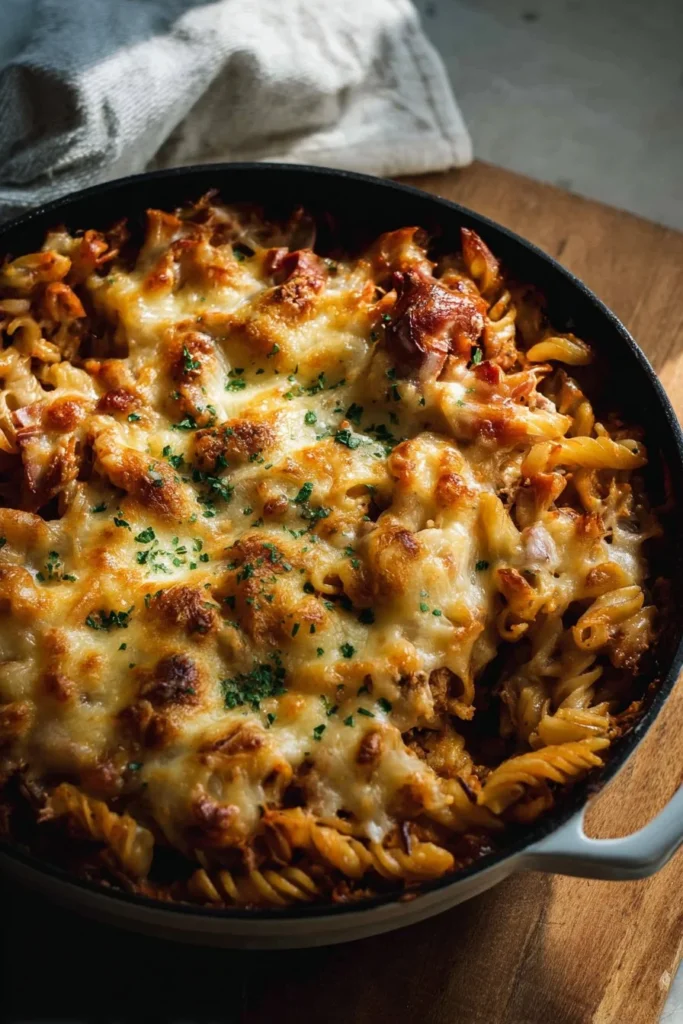 Baked Tuna Pasta Bake in a casserole dish, garnished with cheese and herbs