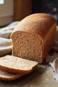Homemade whole wheat bread cooling on a kitchen counter