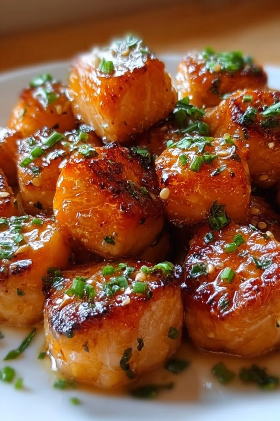 Air fryer honey garlic salmon bites garnished with herbs