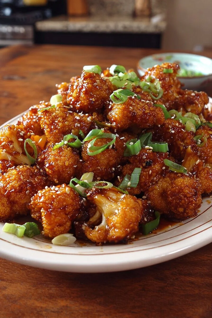 Plate of sticky honey garlic cauliflower garnished with green onions